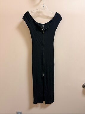 Off-Shoulder Black Midi Dress with Front Zip